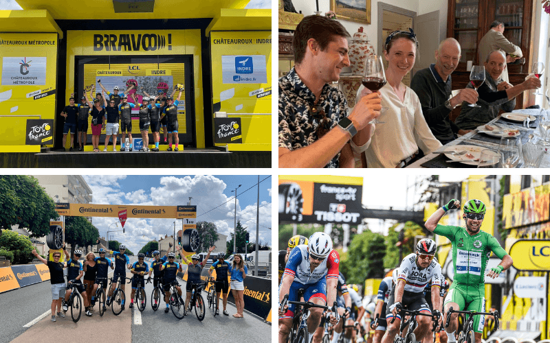 Collage of Tour de France scenes: stage podium, team dinner, roadside fans, sprint finish.