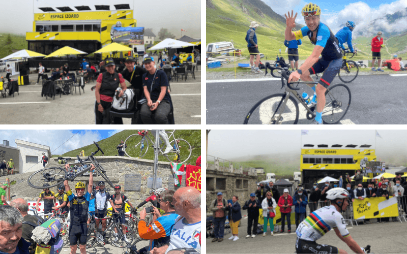 Cycling fans and riders at Col d'Izoard