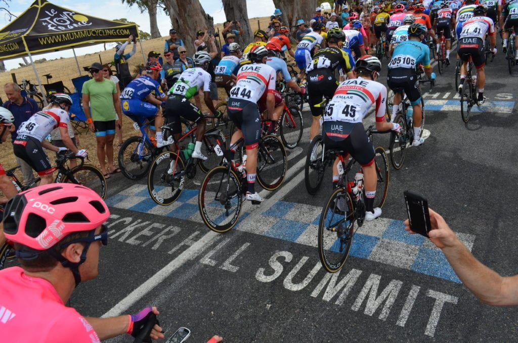 Peloton climbs Decker Hill Summit, UAE Team Emirates prominent