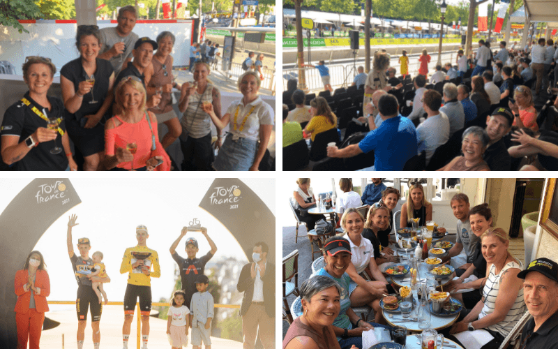 Collage of Tour de France celebrations and gatherings.