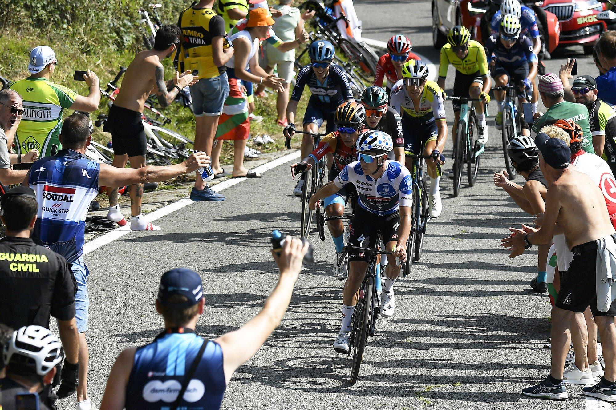 Peloton at the Vuelta a España 2023, Soudal Quick-Step rider in front.