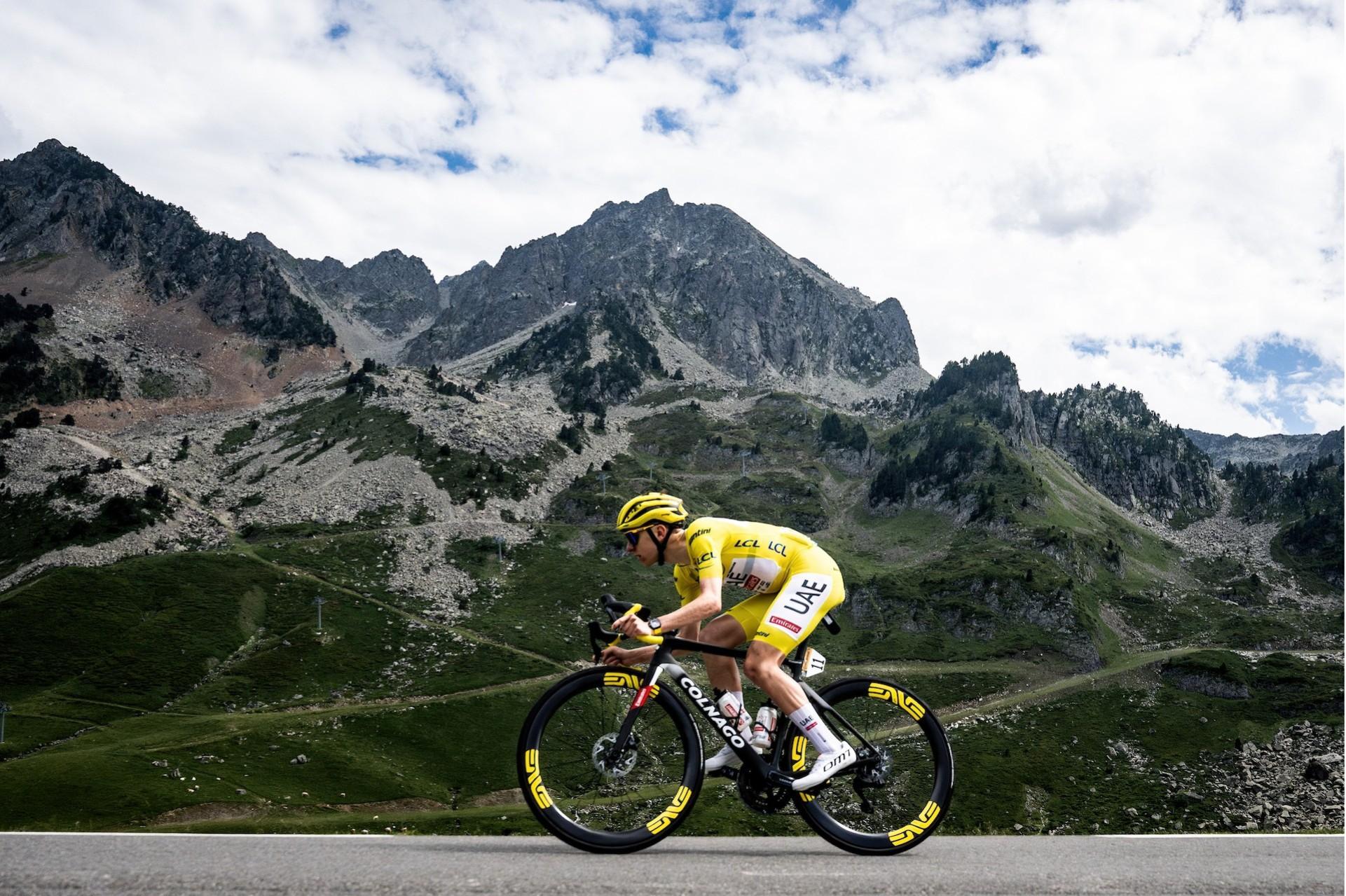 Tadej Pogačar climbs in the Tour de France