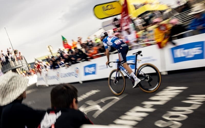 Cyclist in Soudal Quick-Step kit racing at the 2024 Tour de France.