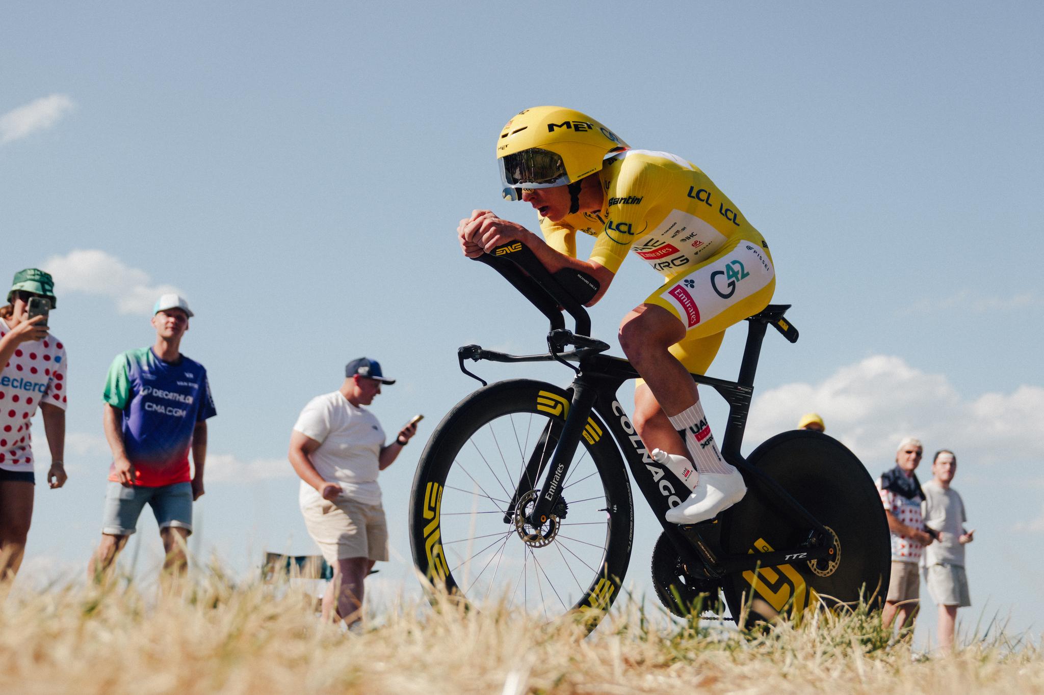 Tadej Pogačar, wearing the yellow jersey, during the Tour de France 2026 individual time trial.