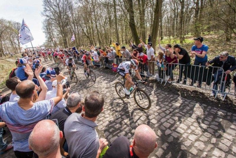Bora-Hansgrohe rider leading a peloton on a challenging cobbled sector, characteristic of Paris-Roubaix.