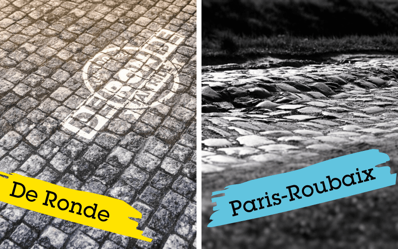 Cobblestones of the Tour of Flanders and Paris-Roubaix, iconic surfaces of the Spring Classics.