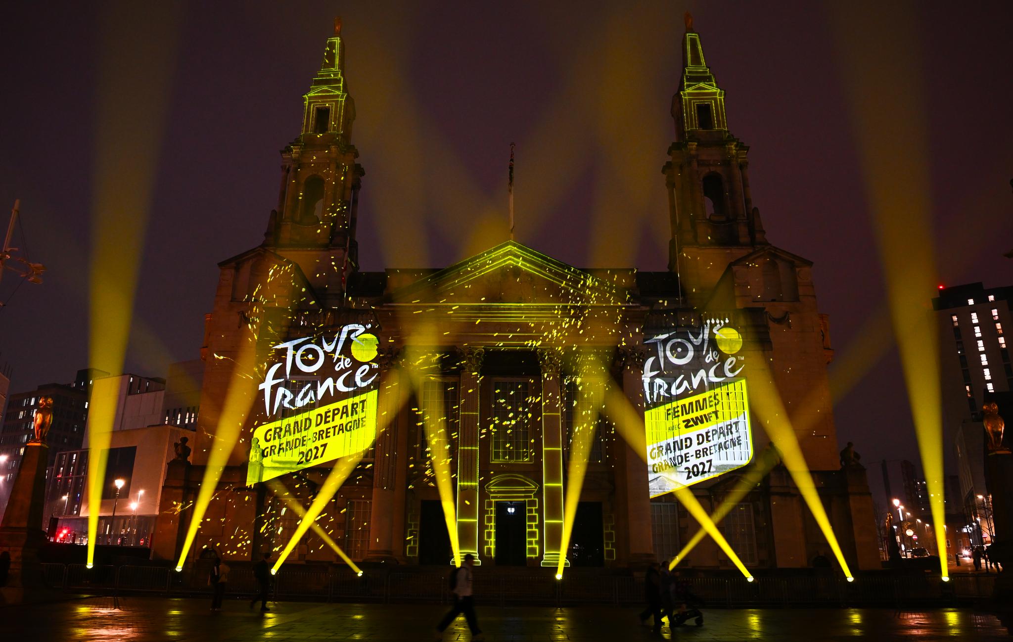 Picture by - Simon Wilkinson/SWpix.com - 15/01/2026 - Cycling - Tour de France 2027 Grand Depart Route Reveal - Tour de France and Tour de France Femmes Avec Zwift Announcement - Leeds City Museum - Millennium Square - Light Projection
A projection light show on the exterior of Leeds Civic Hall after the Tour de France 2027 Grand Depart Route Reveal with Leeds hosting the start of Stage 1 of the 2027 Tour de France Femmes avec Zwift Grand Depart
The Grand Depart of the Tour de France 2027 and The Grand Depart of the Tour de France Femmes avec Zwift 2027. Both Races will start in the United Kingdom and visit Scotland, Wales and England - ALL IMAGES © www.SWpix.com ( Photography Hub Ltd ) from the SWpix.com photography archive - MANDATORY BYLINE/PHOTO CREDIT to Photographers Name/SWpix.com/LeTourGB (strictly editorial use only - contact for commercial - simon@swpix.com)