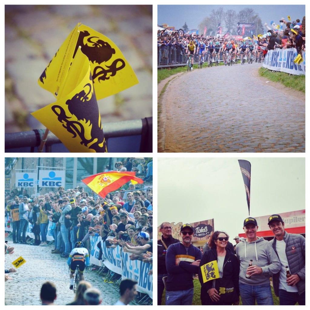 Collage of Tour of Flanders scenes: Flemish lion flags, peloton on cobbled climb, rider with Spanish flag, and Mummu guests enjoying the race.
