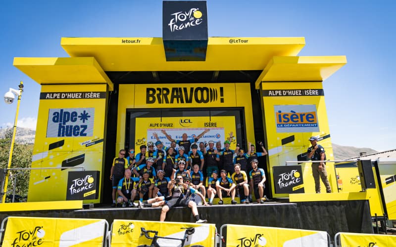 Group photo on Alpe d'Huez stage finish podium, Tour de France