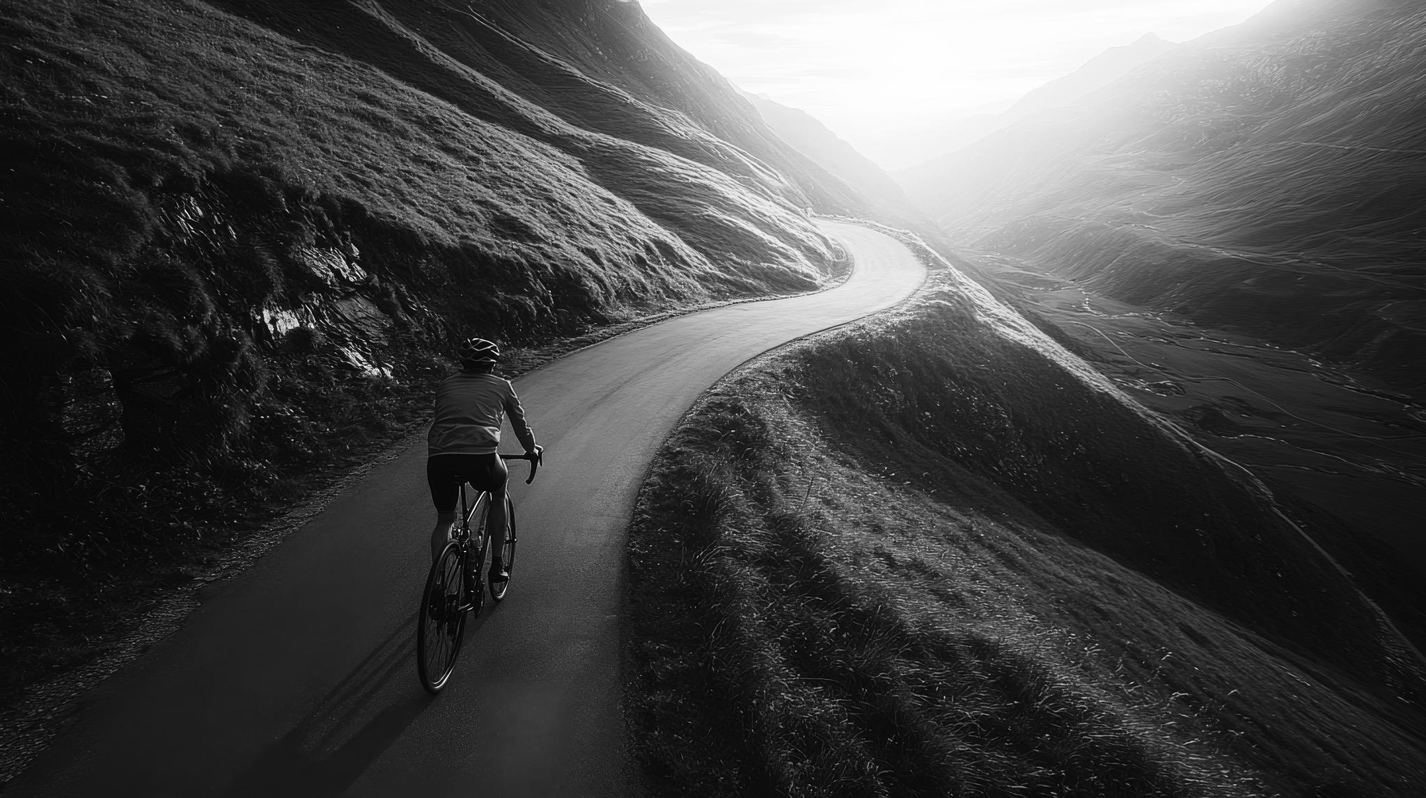 Cyclist on winding mountain road at sunset